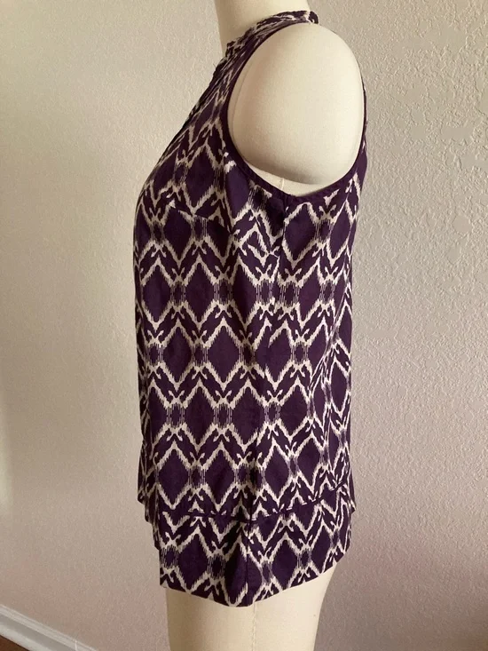 St. John's Bay Purple and Cream Ikat Split-Neck Sleeveless Top - Picture 3 of 9